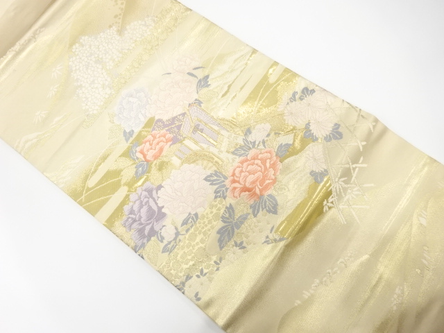 本金箔二重織　御所車に牡丹・菊模様織り出し　名古屋帯